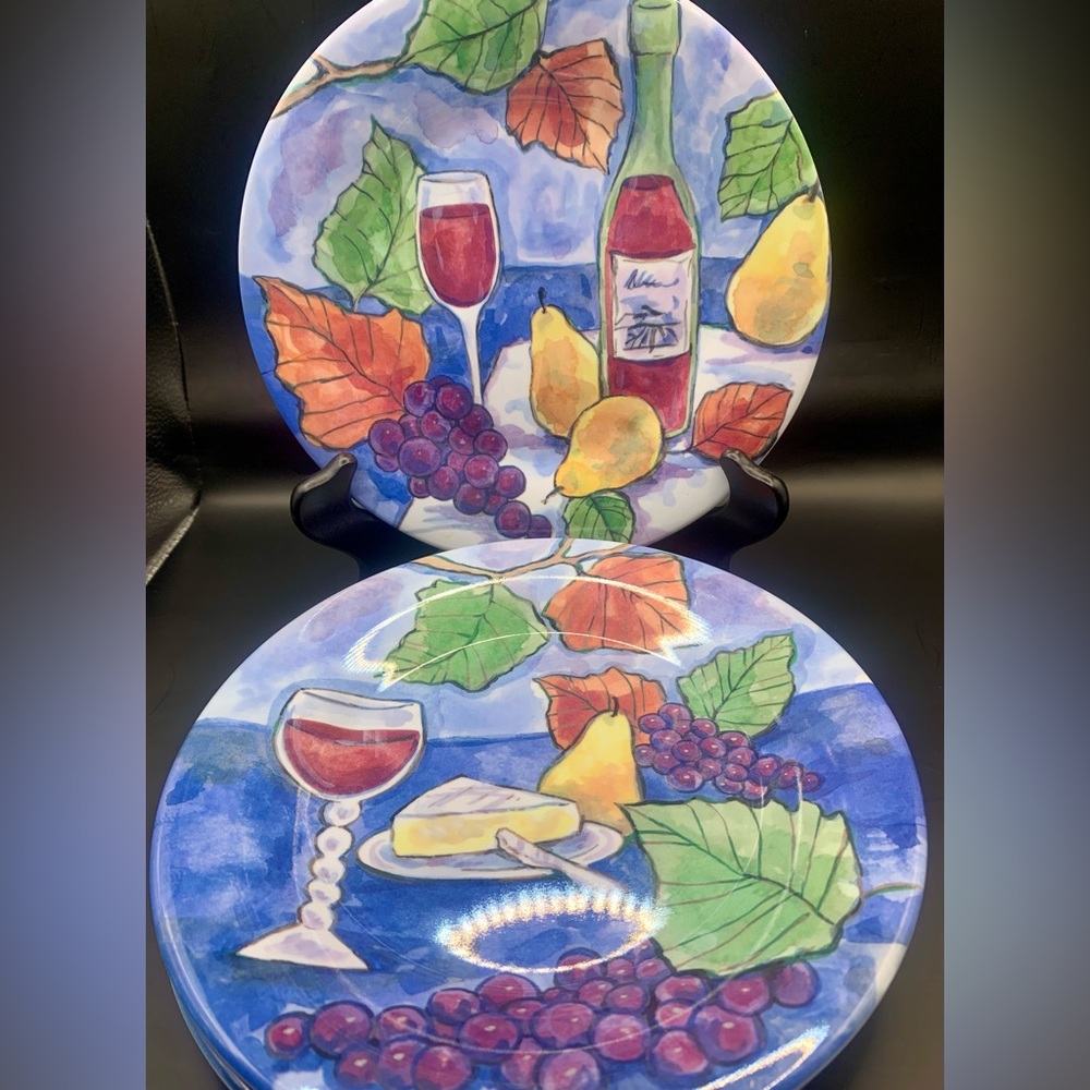 Fruit, Wine, and Cheese Still Life Hard Thick Plastic 4 piece Plate Set -Vintage